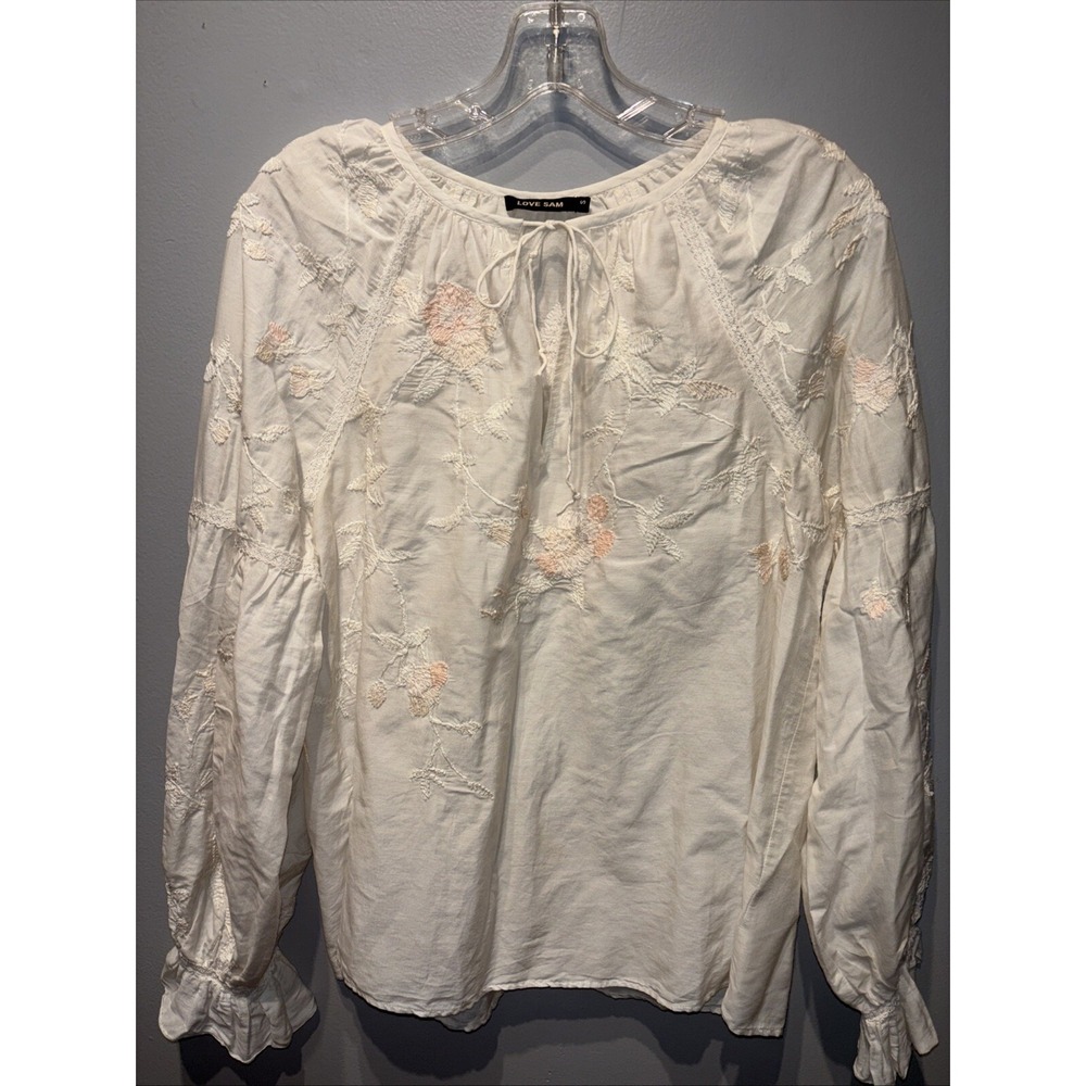 Love Sam Blouse White Pink Embroidered Floral‎ Silk Cottagecore Peasant Women S